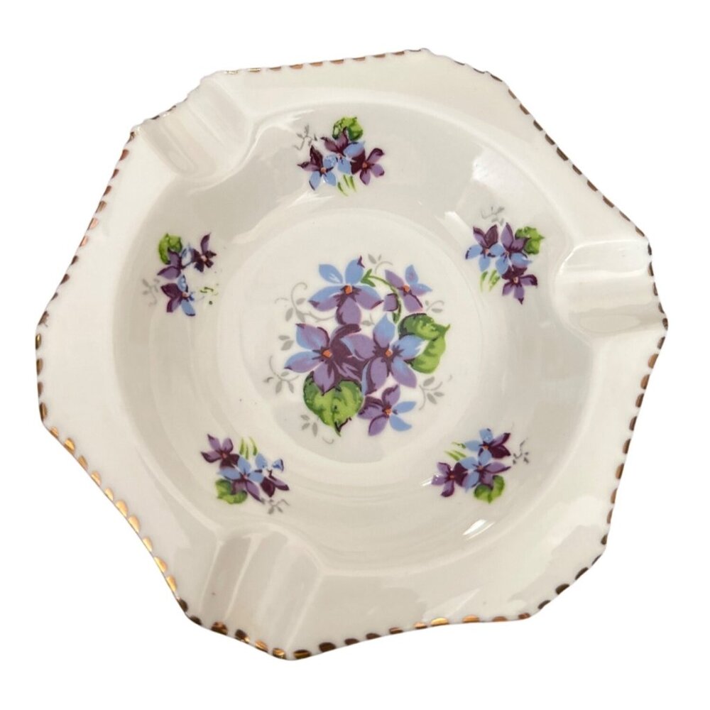 Vtg Royal Stafford Sweet Violets Bone China Ashtray Floral Gold Trim England